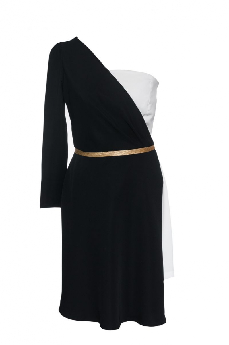 vestido asimetrico blanco y negro